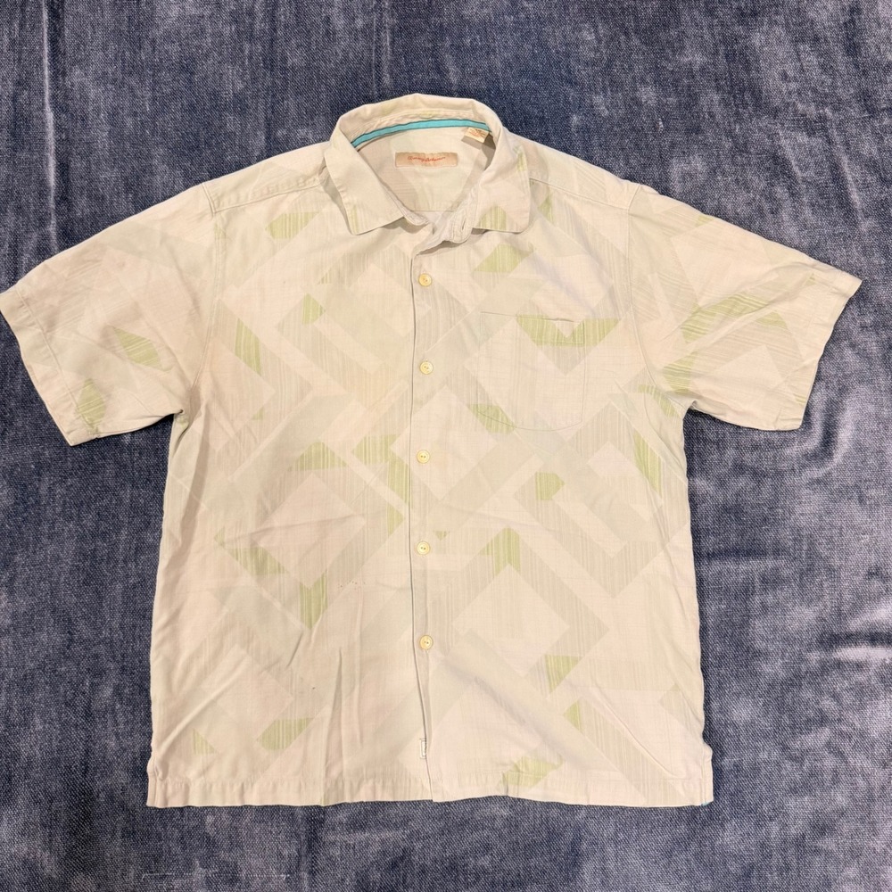 Tommy Bahama Mens Large Silk Shirt Short Sleeve Geometric Sage Green Camp Pocket